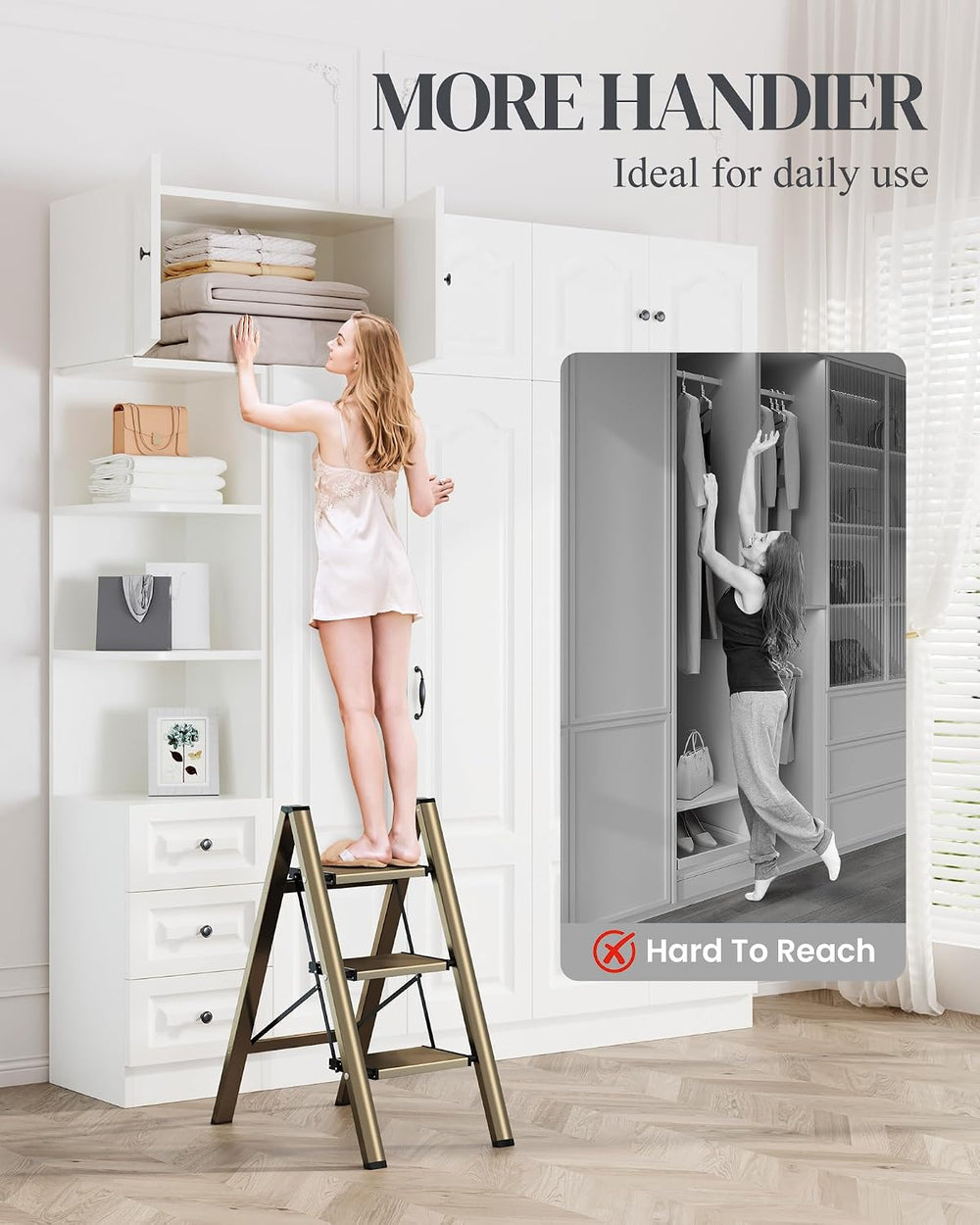 3 Step Ladder, Foldable Aluminum Step Stool with Anti-Slip Pedal