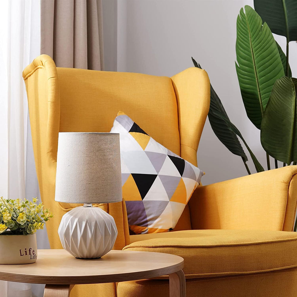 White Ceramic Table Lamp, Geometric Textured Small Bedside Lamp with Linen Sh...