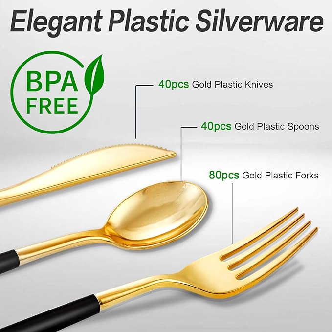 SUT Gold Plastic Silverware (160Pcs) Forks and Spoons Disposable, 80 Gold Pla...