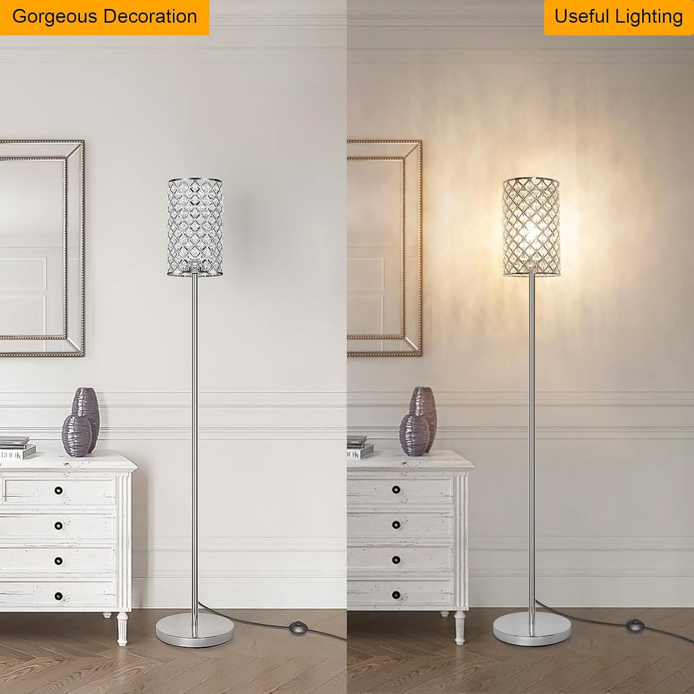 Crystal Floor Lamp, Silver Tall Pole Lamp with On/Off Foot Switch