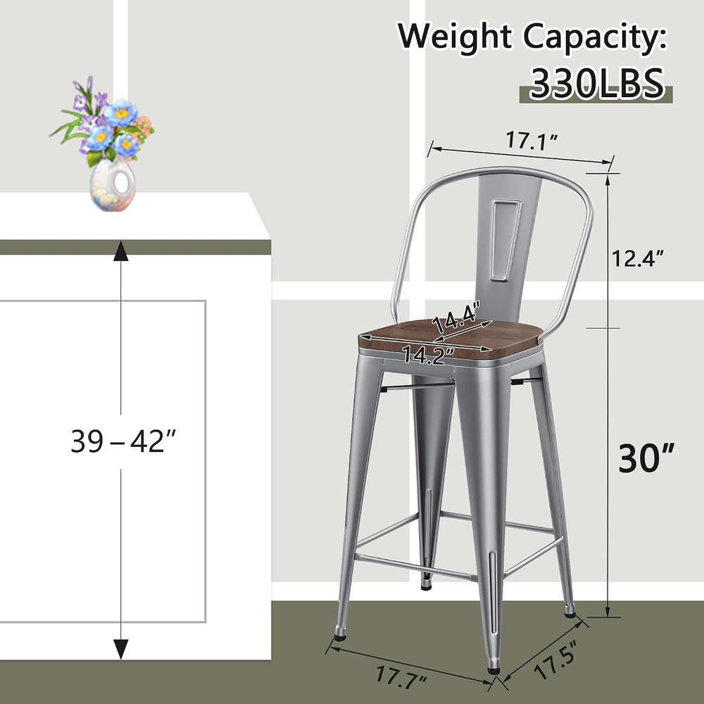 Bar Stools Set of 4, 30" Metal Bar Height Stools with Back Silver