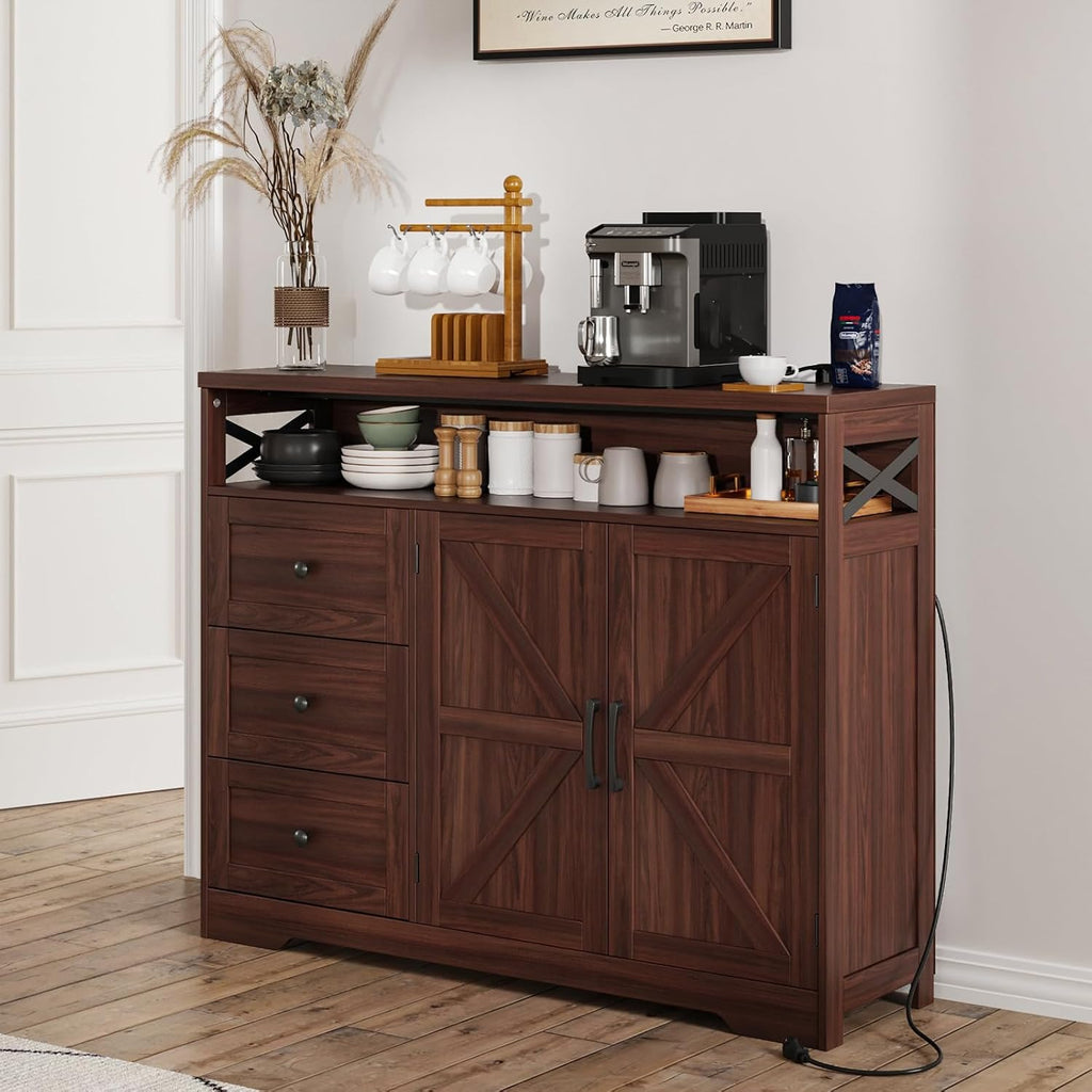 47" Dark Brown Farmhouse Storage Cabinet with Barn Doors and Drawers
