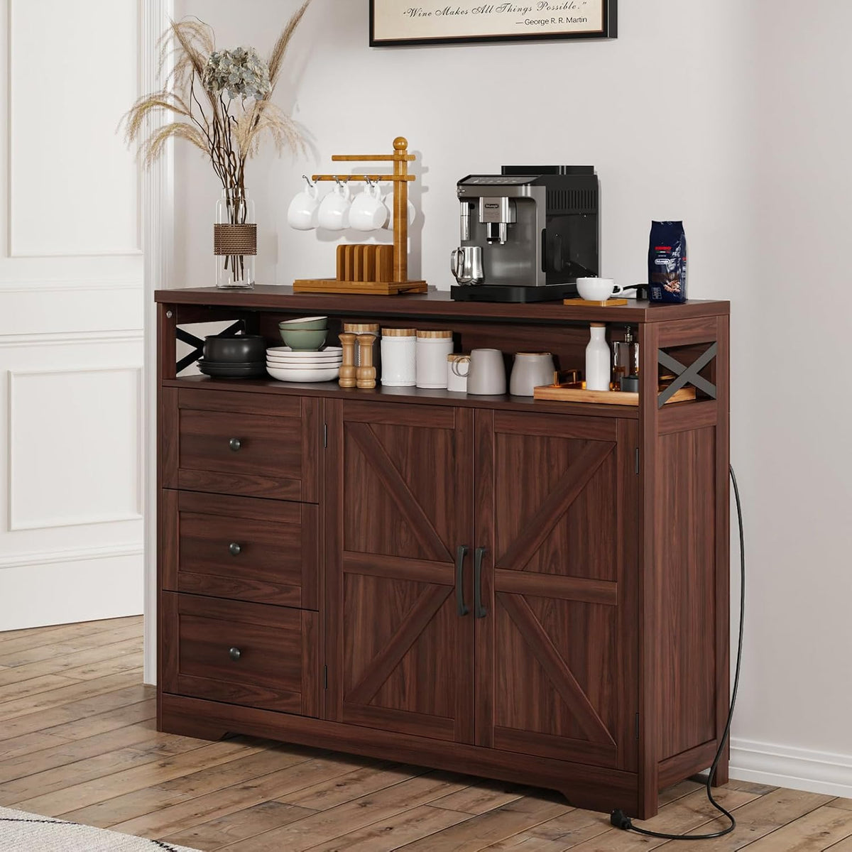 47" Dark Brown Farmhouse Storage Cabinet with Barn Doors and Drawers