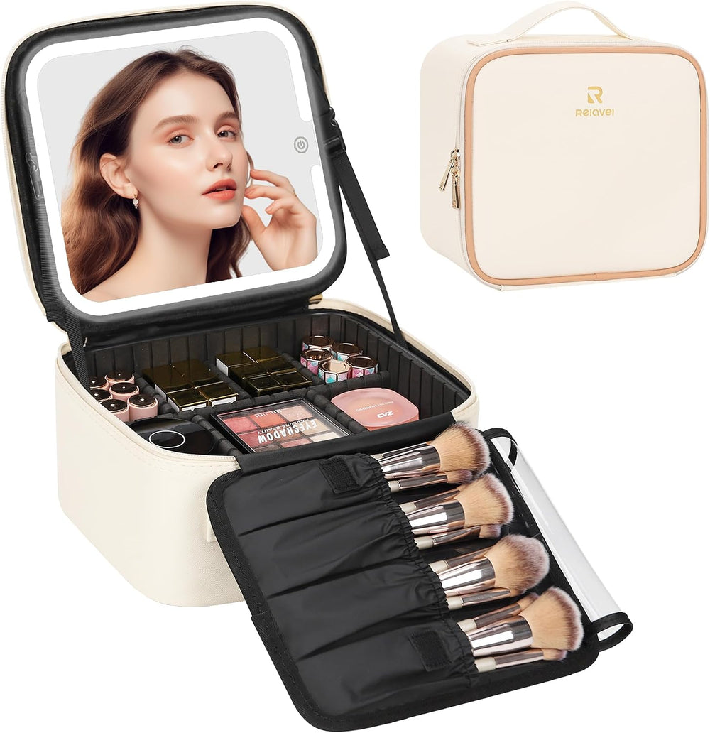 Chomeiu Portable Makeup Bag with LED Mirror, Makeup Travel Case with Handle