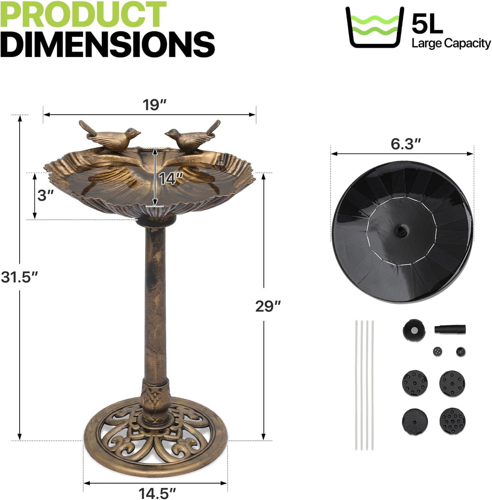 Magshion 31.5" Bird Bath with Solar Fountain for Outside, Bronze