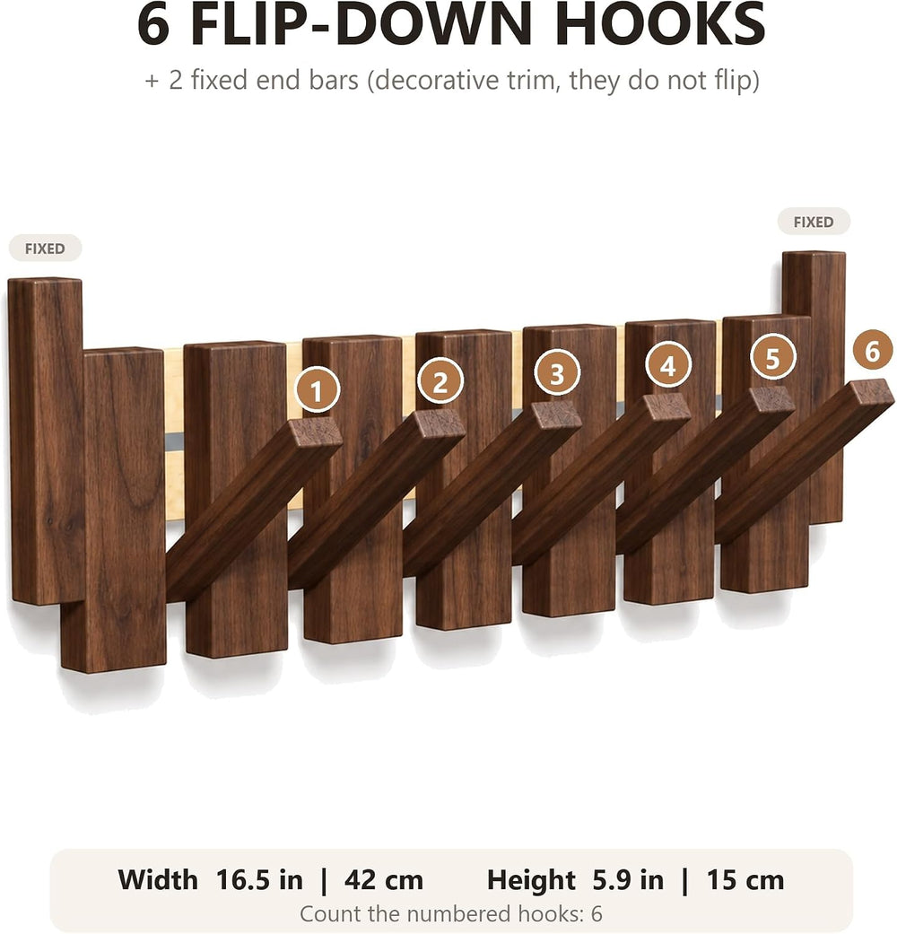 Piano Key Coat Rack Wall Mounted, 6 Flip-Down Hooks, Walnut-Toned