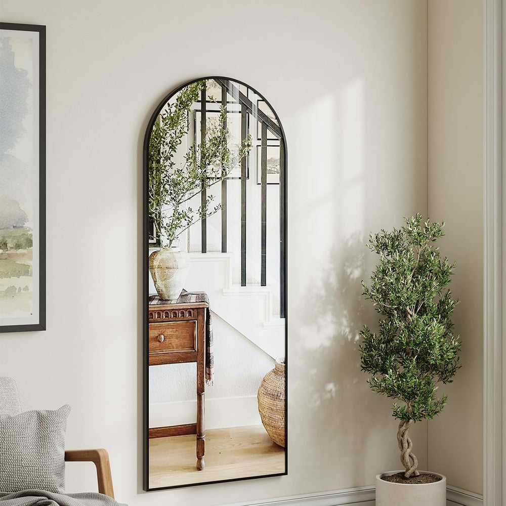 Krymnar 57"x21" Arched Full Length Mirror, Brushed Black Aluminum F...