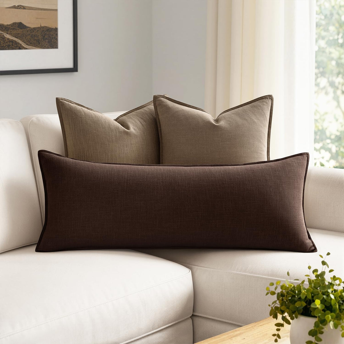 MIULEE Decorative Linen Lumbar Pillow Cover 14x36 Inch Dark Brown