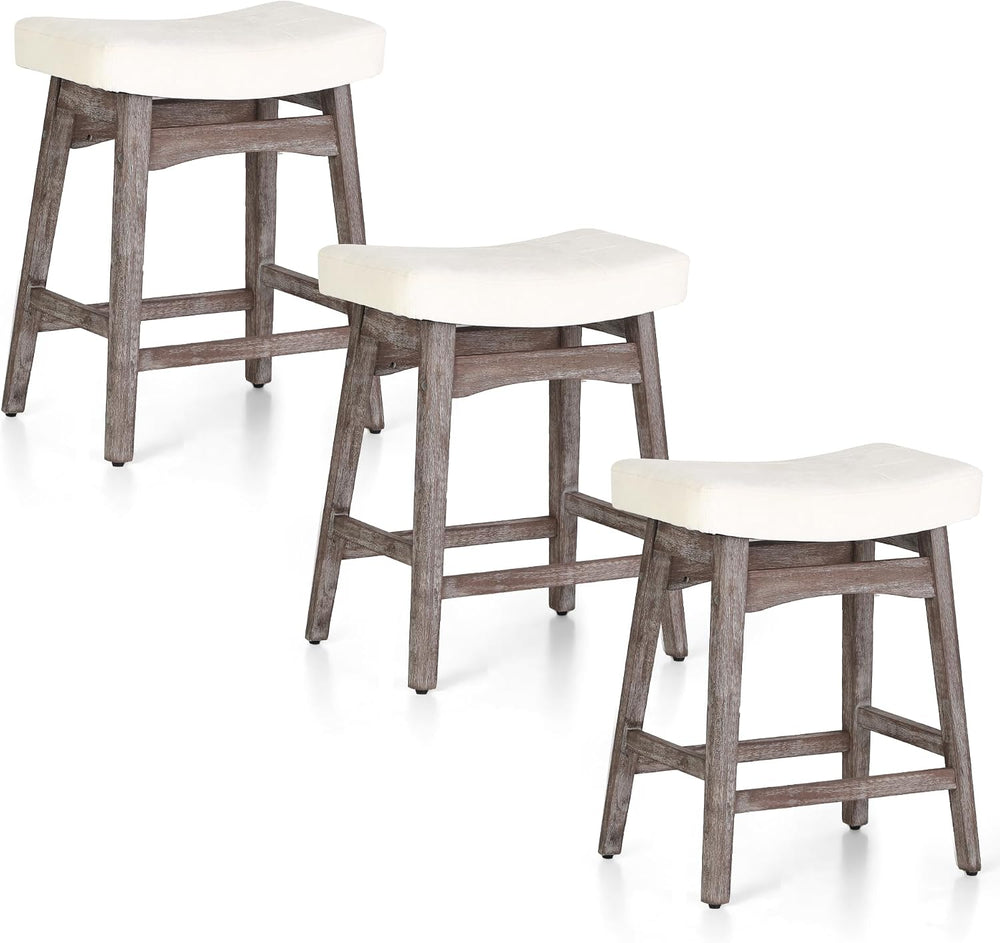 PHI VILLA Counter Height Bar Stools Set of 3, Solid Wood Barstools