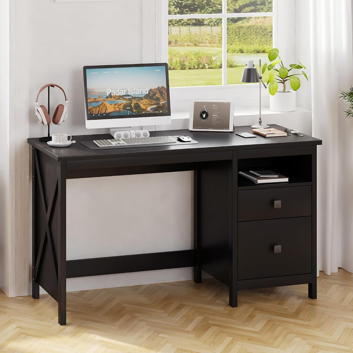 BHG 47.2" Farmhouse Desk with Drawers,Computer Desk for Home Office,Black