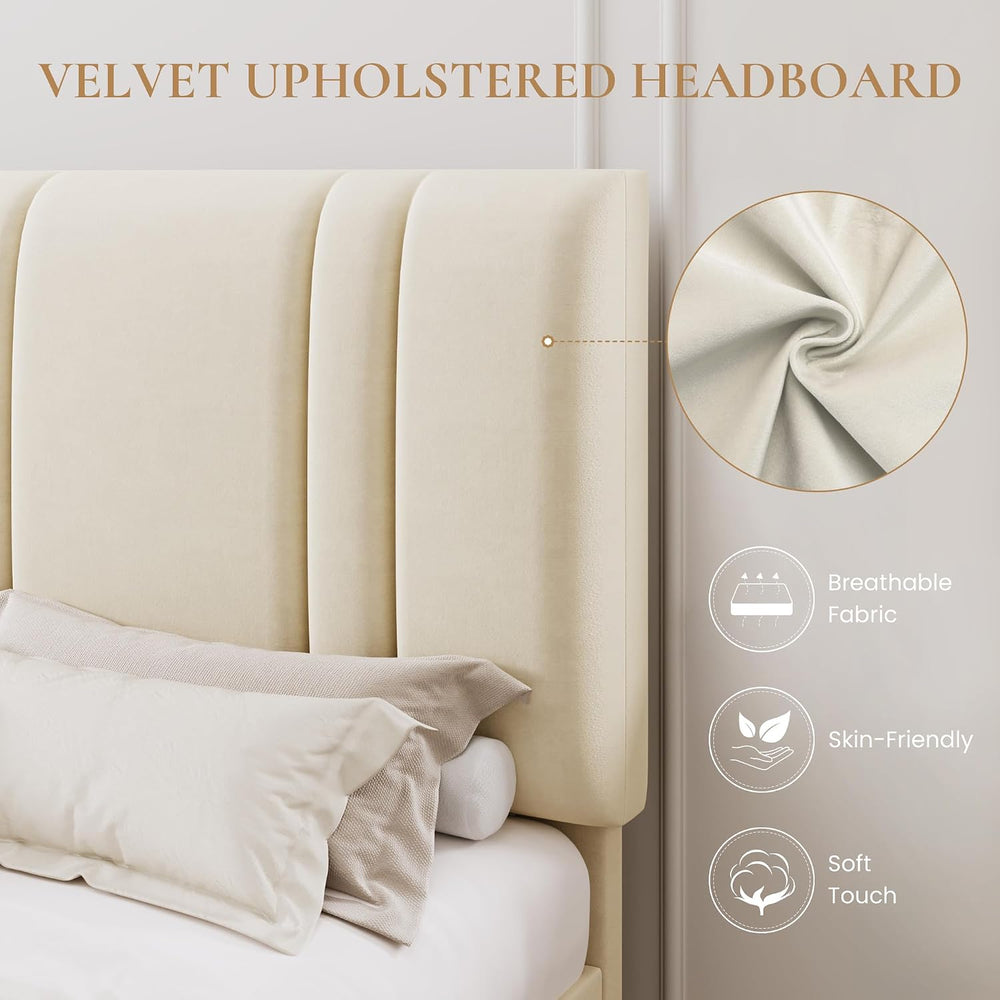 SHA CERLIN King Size Velvet Bed Frame with Adjustable Headboard, Cream