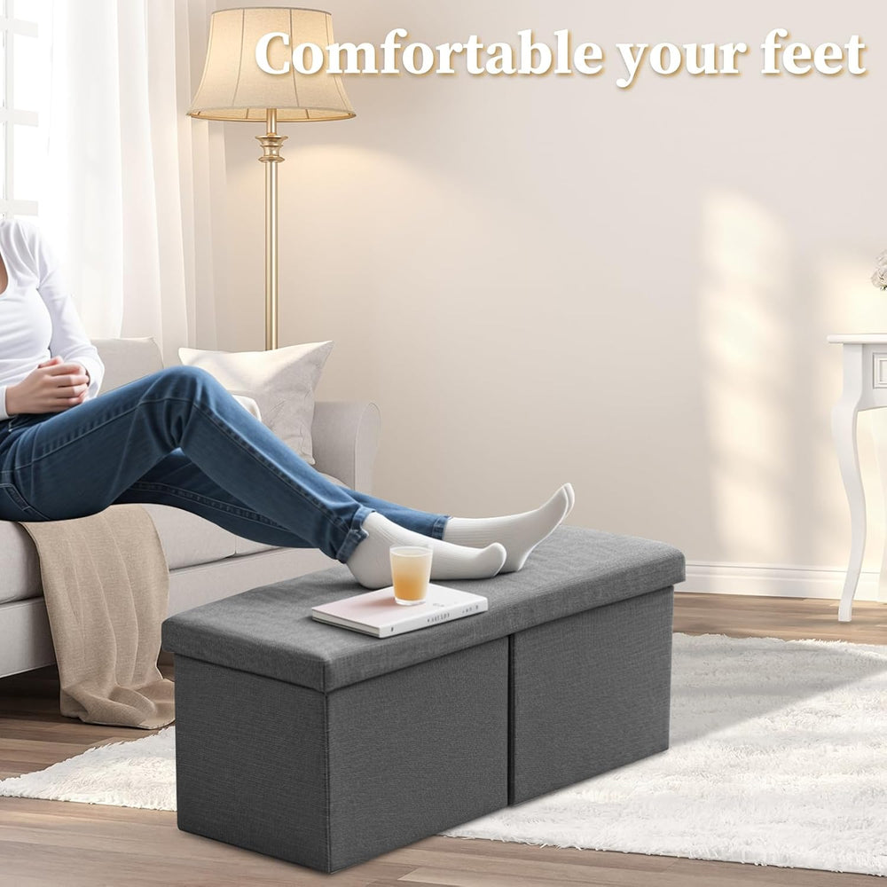 Bsketa Storage Ottoman Bench, 34" Folding Linen Foot Rest Stool, Dark Gray