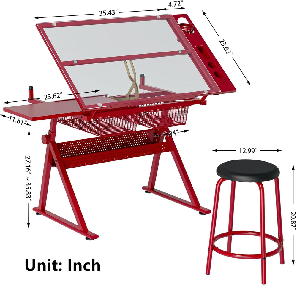 Drafting Table for Artists, Glass Drawing Table with Stool, T1-Red