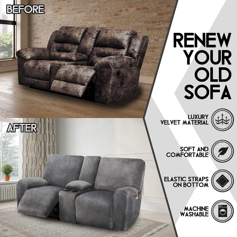 ULTICOR Reclining Loveseat with Middle Console Slipcover, 8-Piece Velvet Stre...
