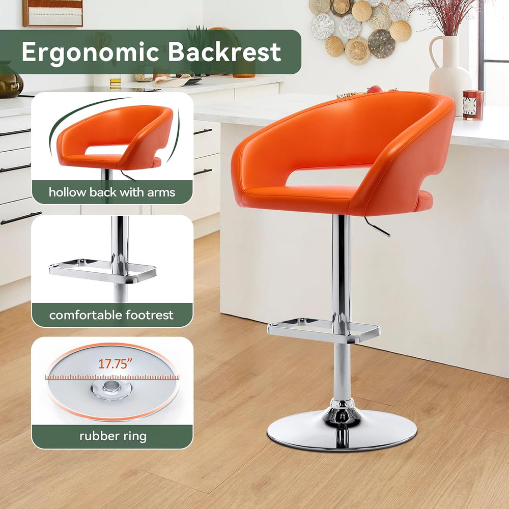 Adjustable PU Leather Swivel Bar Stool with Arms, Orange