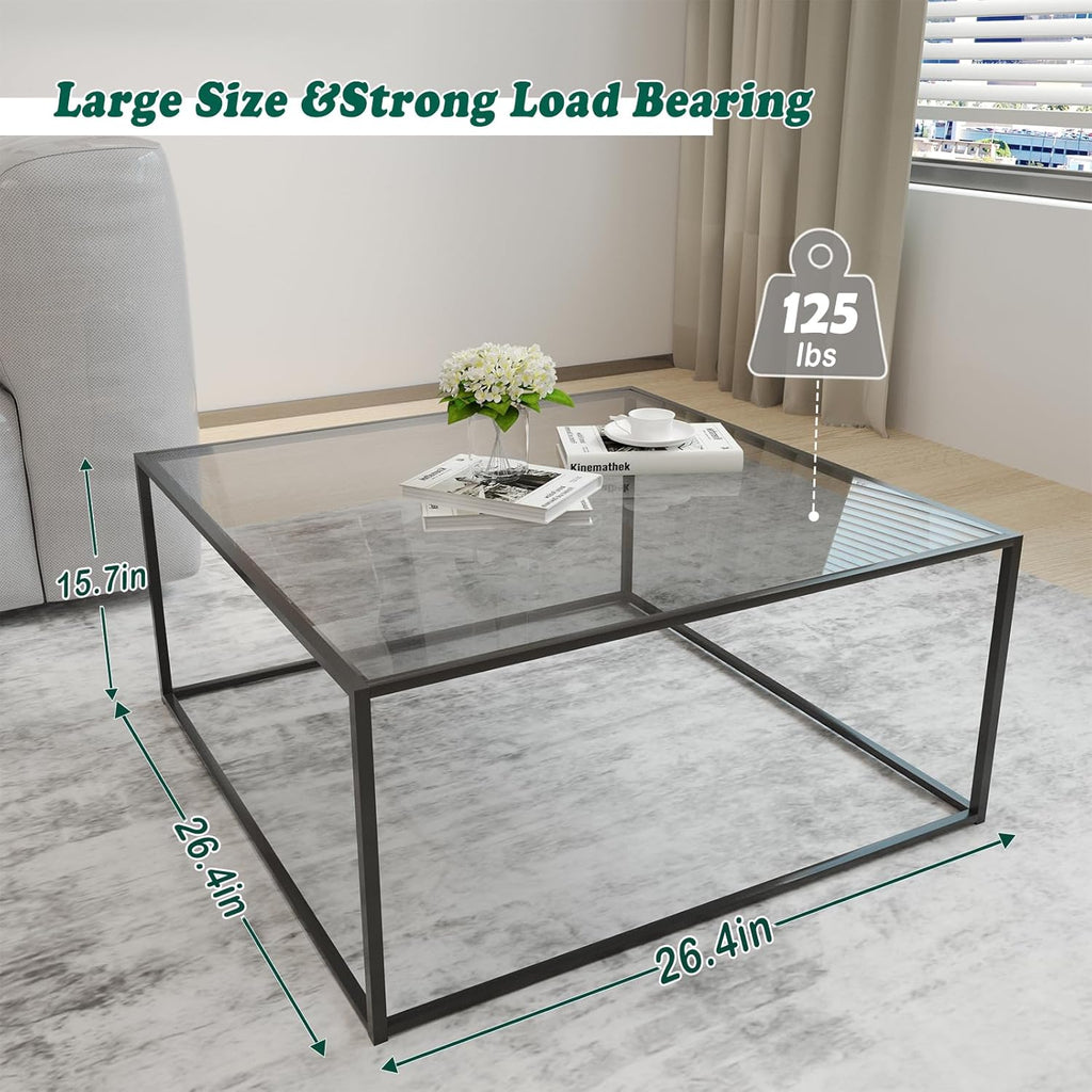 Glass Coffee Tables for Living Room Square Modern Center Table for Small Space,Tempered Glass-top with Sturdy Metal Frame Sofa Side End Table, Easy Assembly,26.4 x 26.4 x 15.7 Inches, Gray Black