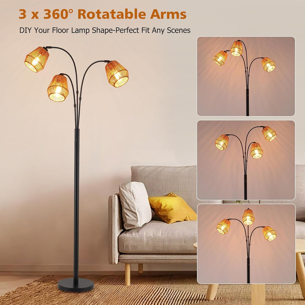 9MMML Vintage Black Arc Floor Lamp with Rotatable Arms & Rattan Lampshade...