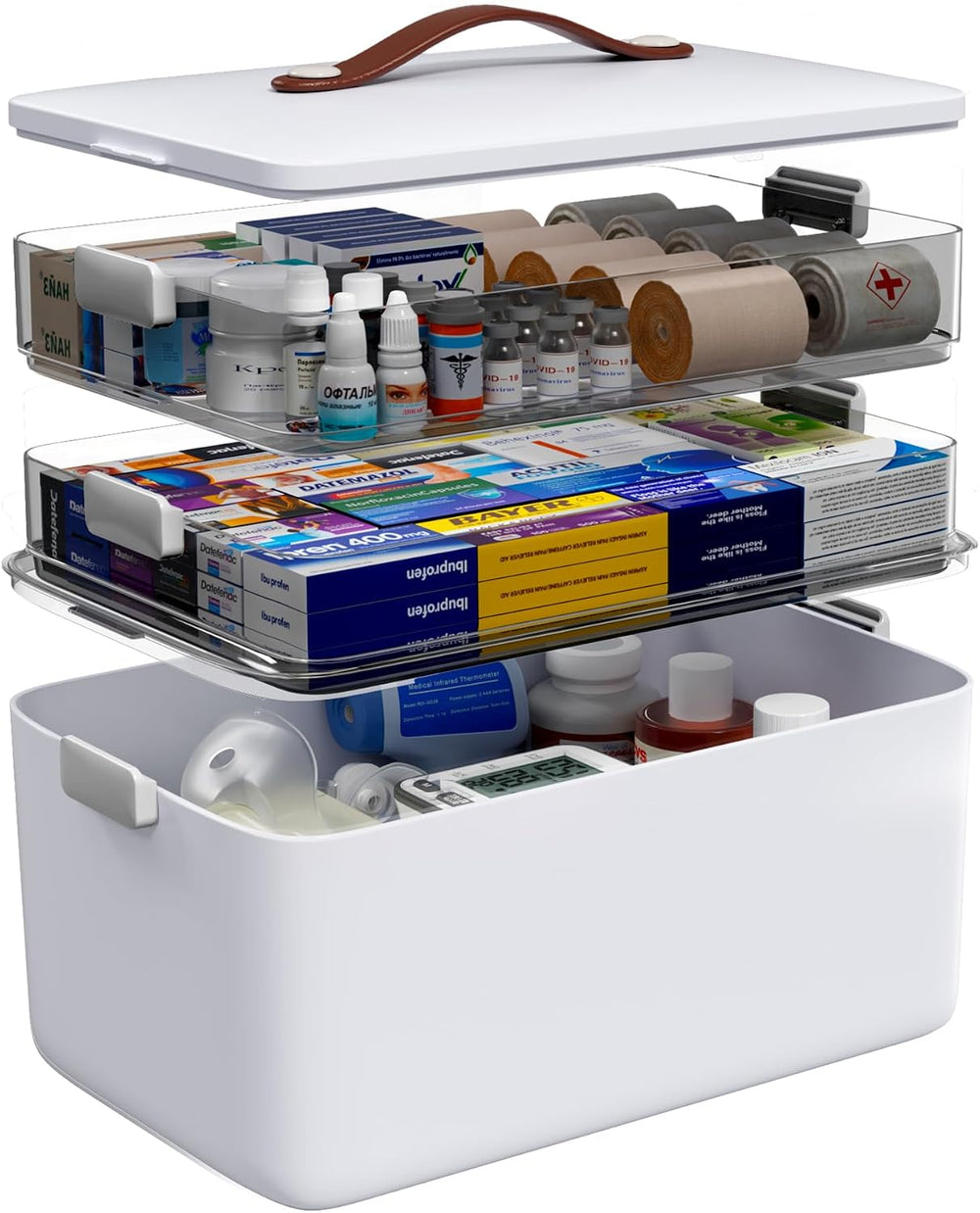 Medicine Organizer Box, 3-Tier Medicine Storage Box with Clear Trays and Carr...