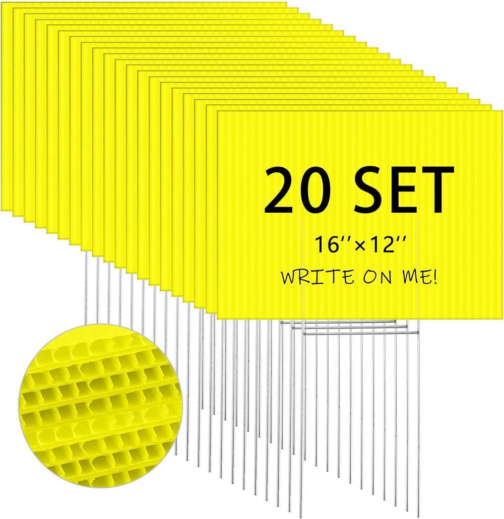 Tuanse 20 Pack Yellow Yard Signs with Stakes 16x12 Inch Double Sided Blank