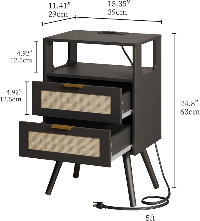 Rattan Nightstand with Charging Station,Farmhouse Bedside Table with 2 Storage Drawer and Open Wood Shelf, for Bedroom and Small Spaces,Night Stand with Solid Wood Legs (Black-Outlet)