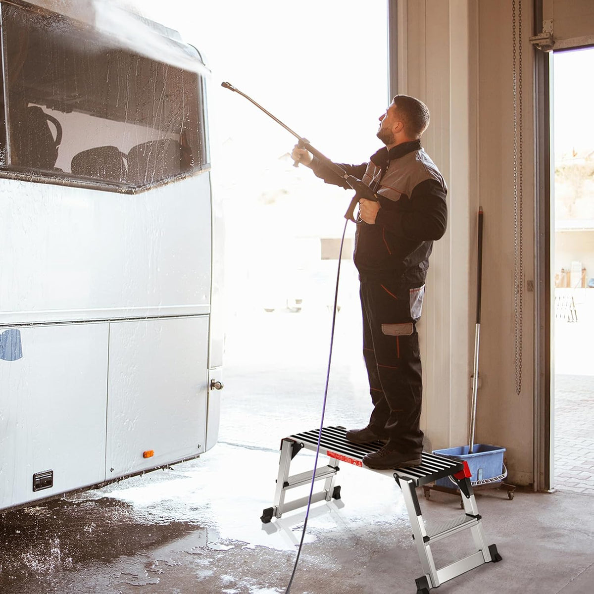 ergomaster 40'' step stool folding ladder portable work shown in use