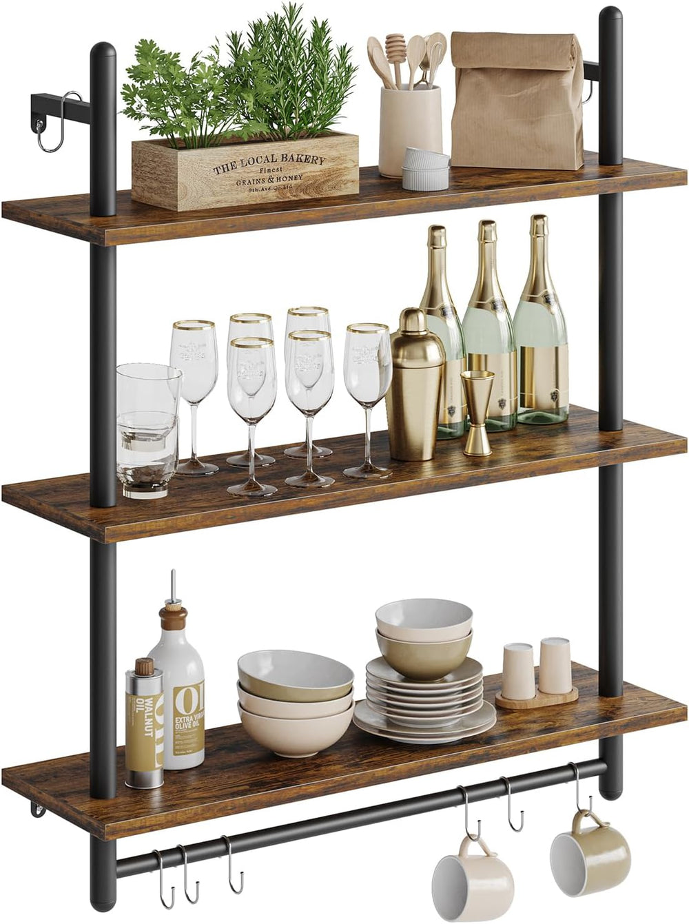 Bestier 3 Tier Industrial Pipe Shelving, Floating Book Shelves for Wall, Stor...