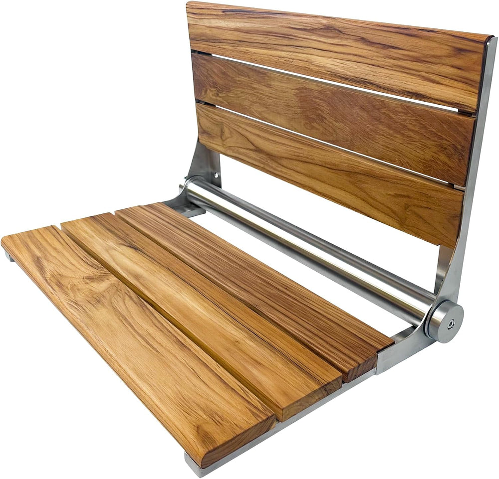 Teak Shower Seat Bench with Back, Brushed Stainless, 24 in