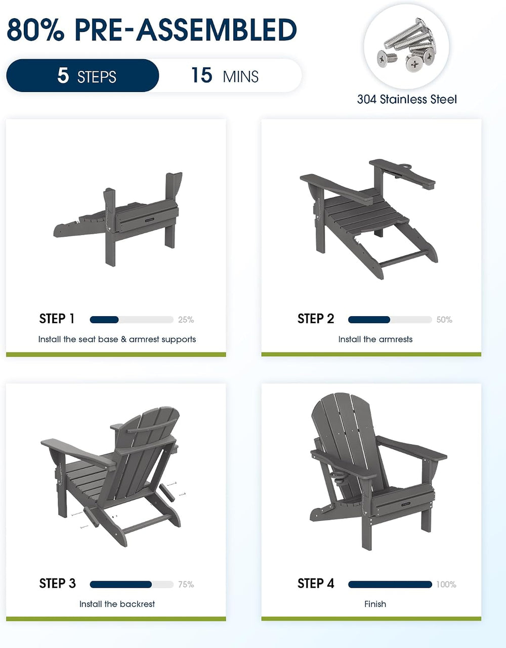 MUCHENGHY Folding Adirondack Chairs Set of 4, HDPE Patio Chair, Grey