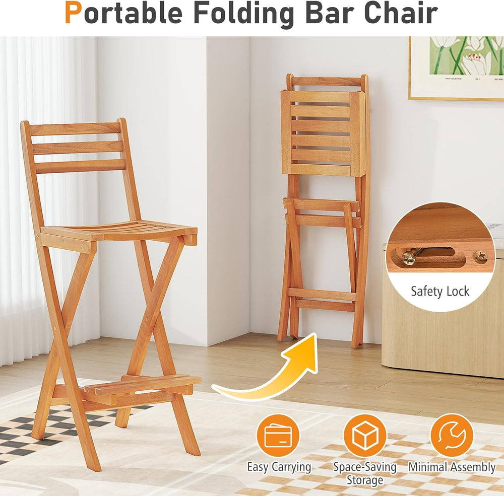Tangkula Patio Folding Barstool Set of 2, Outdoor Portable High Top Acacia Wo...