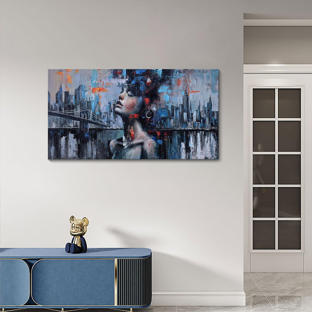 Navy Blue Abstract Wall Art Woman Picture for Living Room Modern Home Bedroom...
