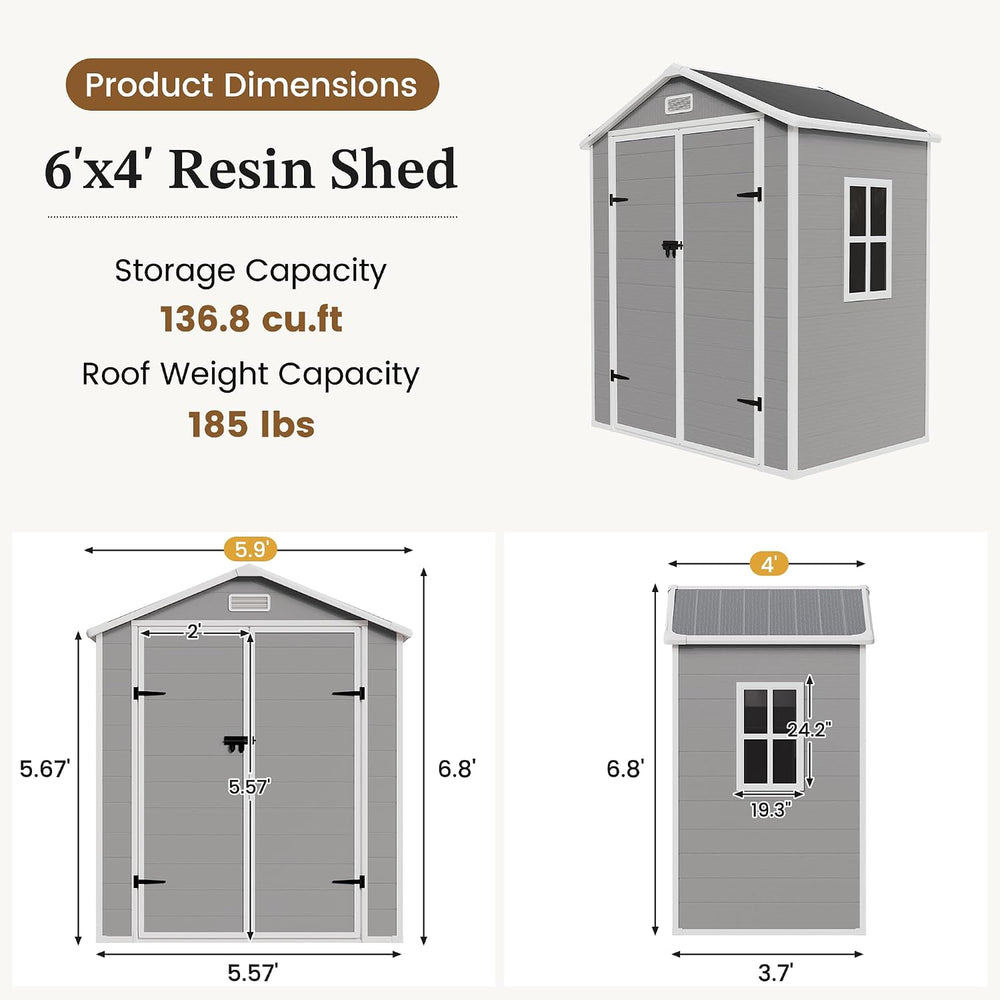UDPATIO Outdoor Resin Storage Shed 6x4 FT Weatherproof with Floor, Grey