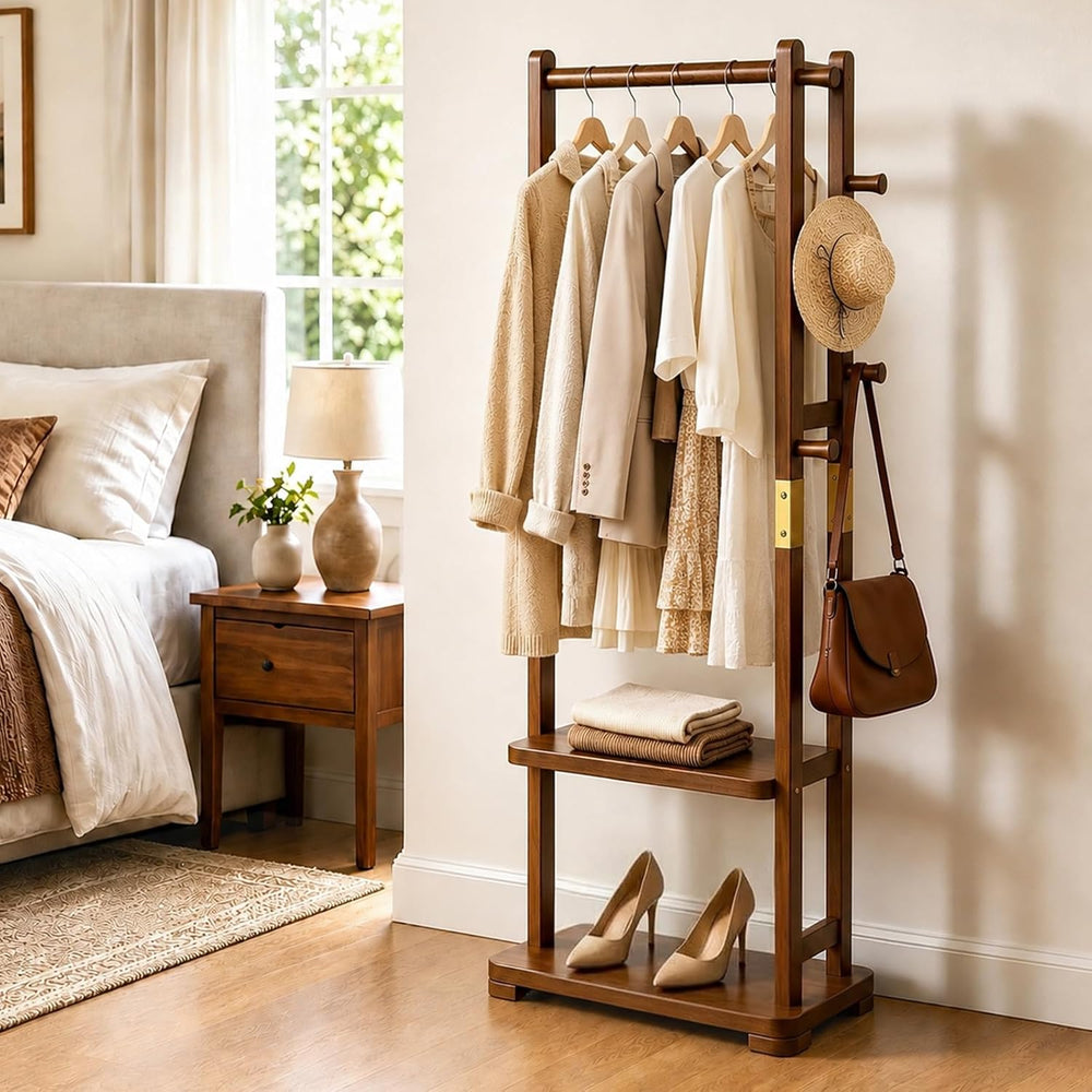 Taitiy Coat Rack Solid Wood Hall Tree Storage 2 Shelves 5 Hooks