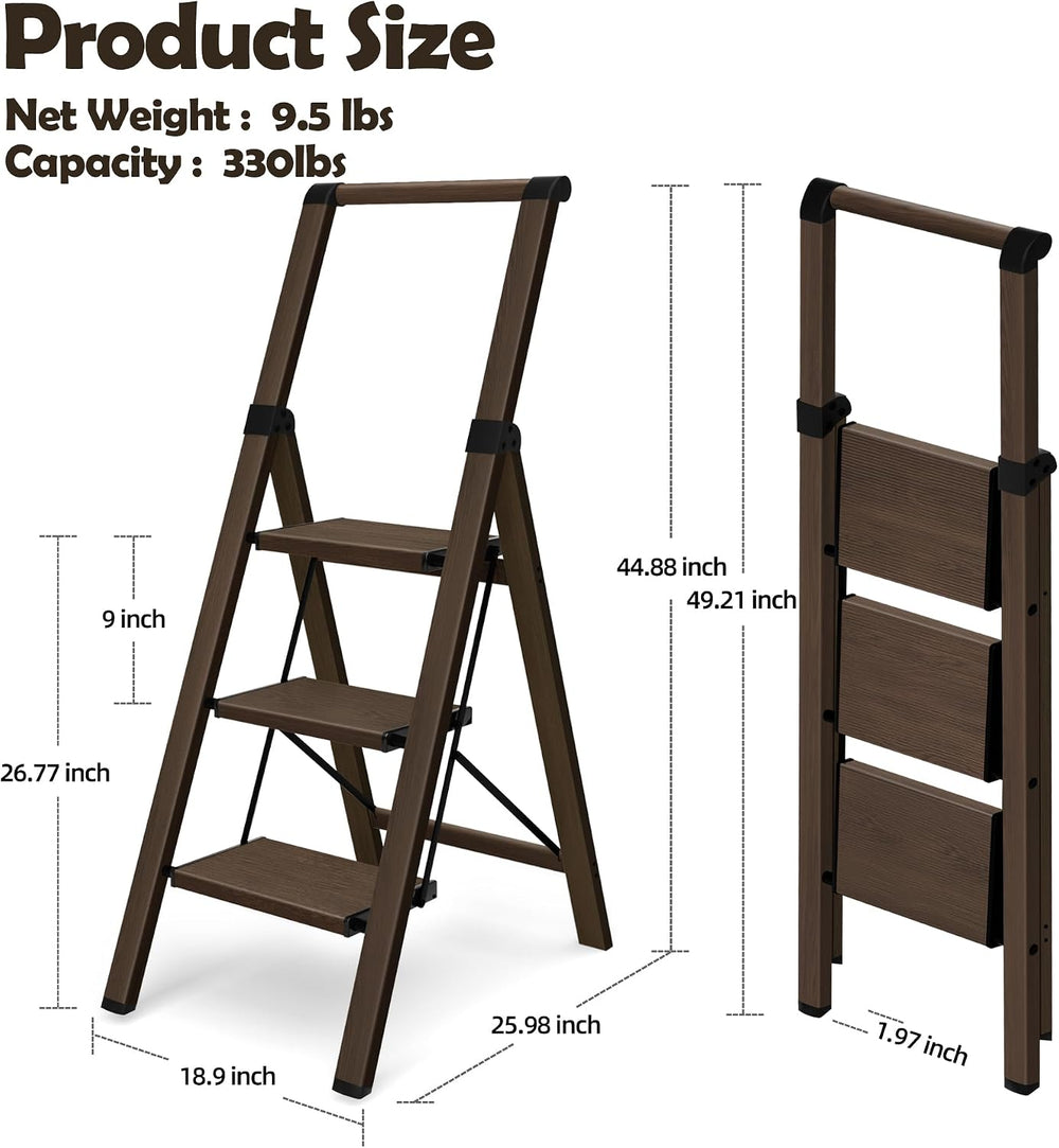 HillhutApex Aluminum 3 Step Ladder, Step Stool Foldable Ladder(Walnut)