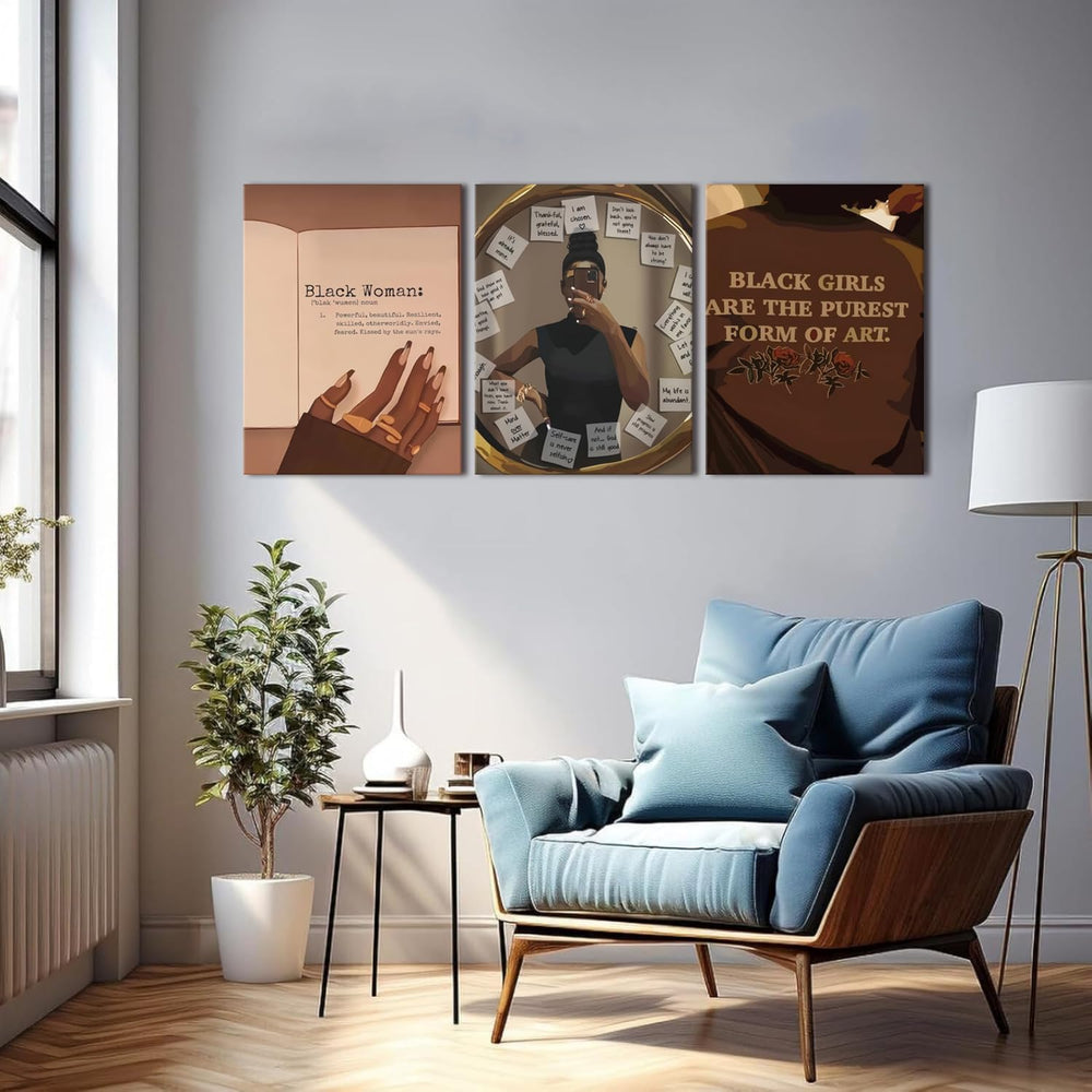 Black Girl Wall Art Set of 3 African American Canvas Wall Decor Fashion Abstr...