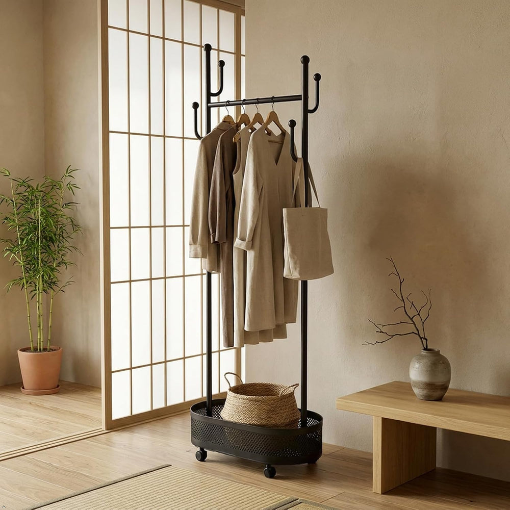 Black Wheeled Cactus Metal Coat Rack Freestanding Garment Organizer