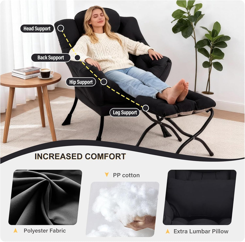 Lazy Chair with Ottoman, Comfy Chair with Pillow， Black