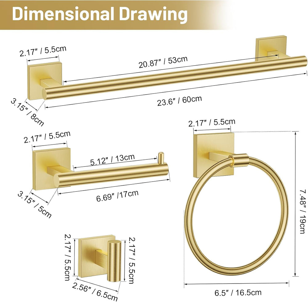 TURS Brushed Gold 4-Pieces Towel Ring Set Include Towel Ring Toilet Paper Hol...
