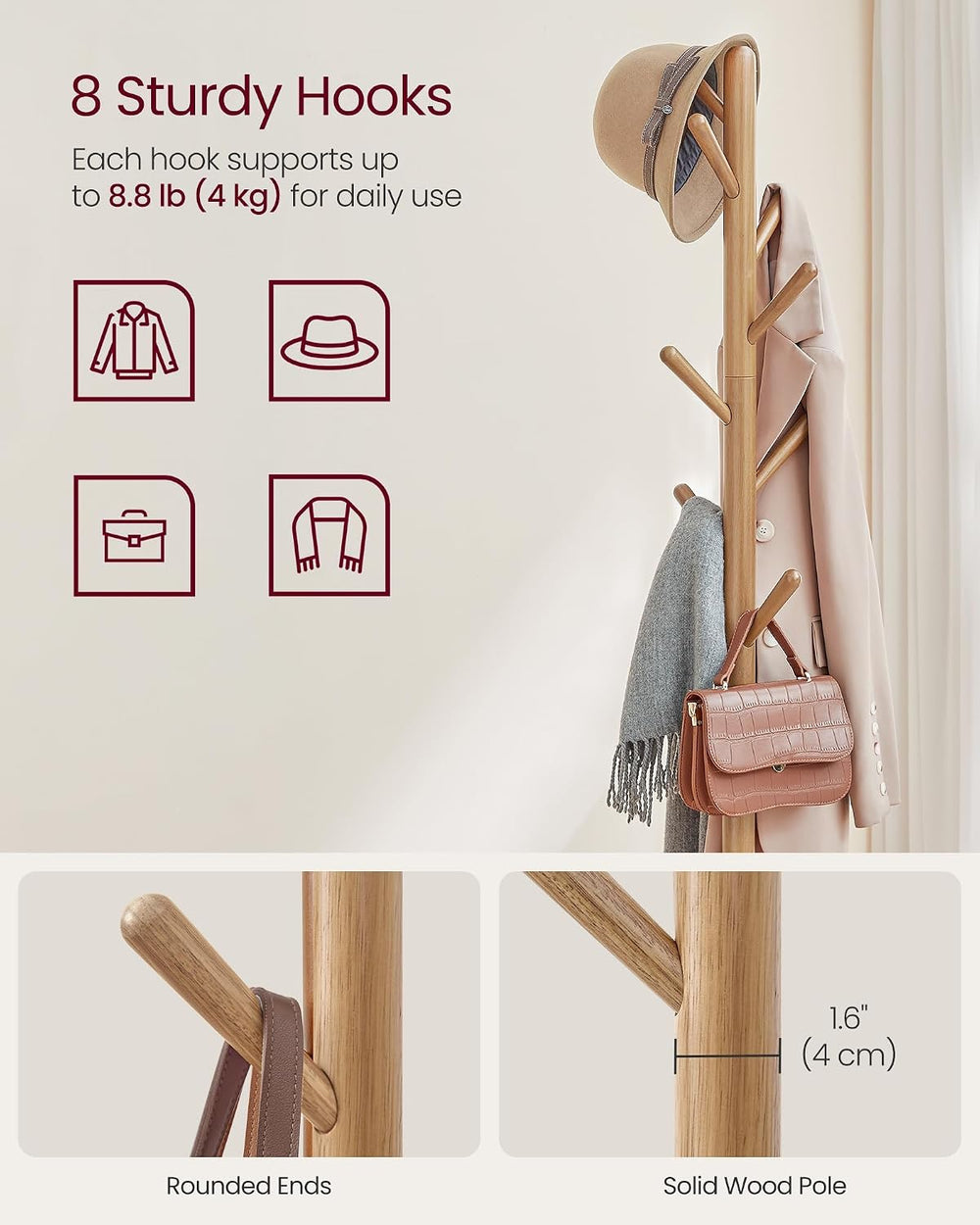VASAGLE Coat Rack Freestanding, 8 Hooks, Storage Shelf, 67.2 Inch Tall