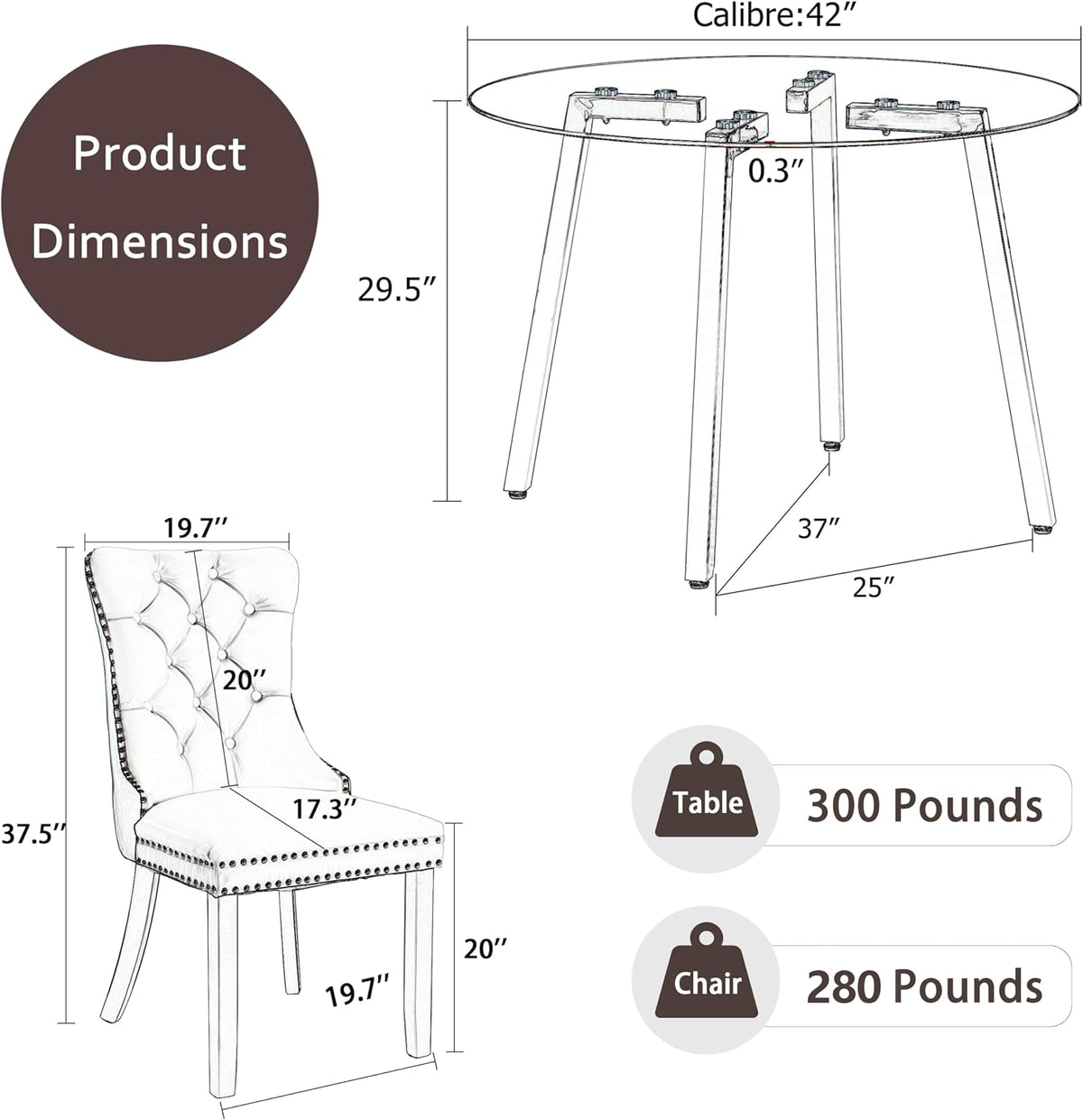 clear round glass top dining set for 4, close-up detail