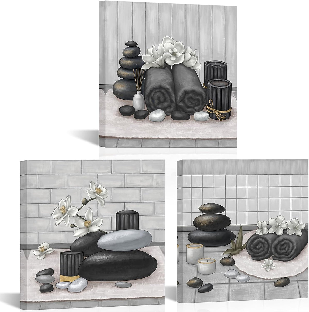 RnnJoile Spa Canvas Wall Art Zen Stone Orchid Picture Painting Black and White Still Life Prints for Bathroom Zen Meditation Room Decor Framed 12"x12" for Each
