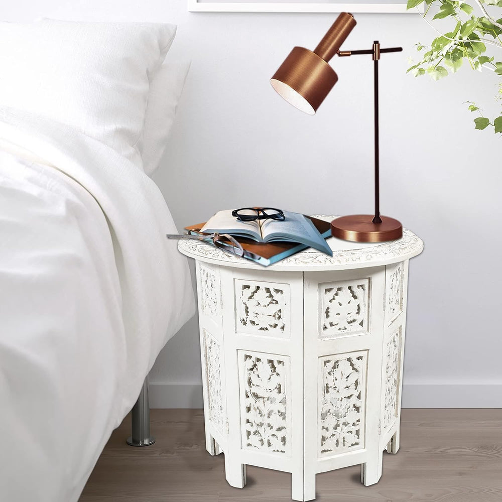 COTTON CRAFT Solid Wood End Table - Hand Carved Folding Accent Side Table