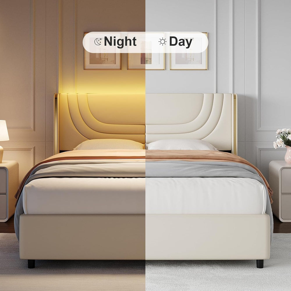 Twin Size Bed Frame with LED Lights and Gold Wingback Headboard,Cream