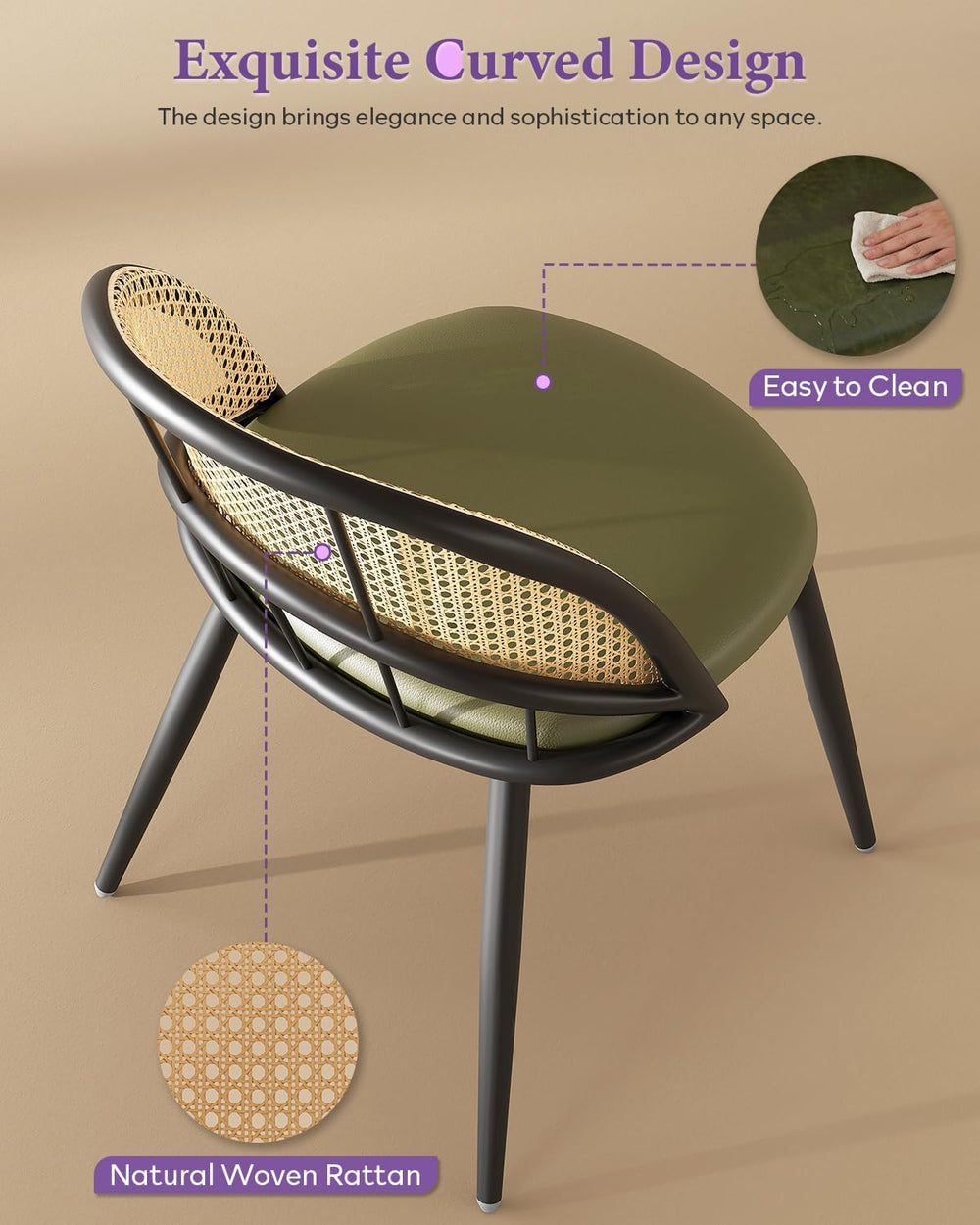 Green Rattan Dining Chairs Set of 4, Dining Room Chairs for Kitchen