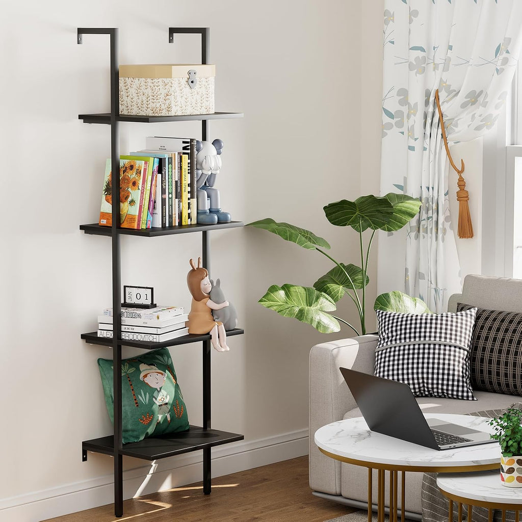 Ladder Shelf 4 Tiers Metal Industrial Bookshelf,Black Wooden Tall Open Storage Rack and Display Shelves,Wall Mount Wide Book Case for Home Office Bedroom,Small