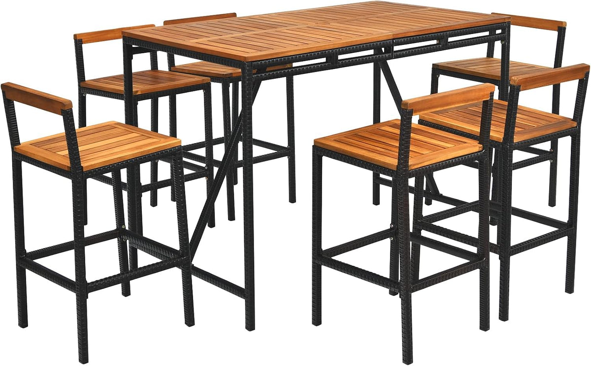 Tangkula 7-Piece Acacia Wood Bar Set with Patiojoy Outdoor Rattan High-Dining 6 Bar Stools and 1 Rectangular Table with Umbrella Hole - Outdoor Conversation Set for Patio, Backyard, Garden