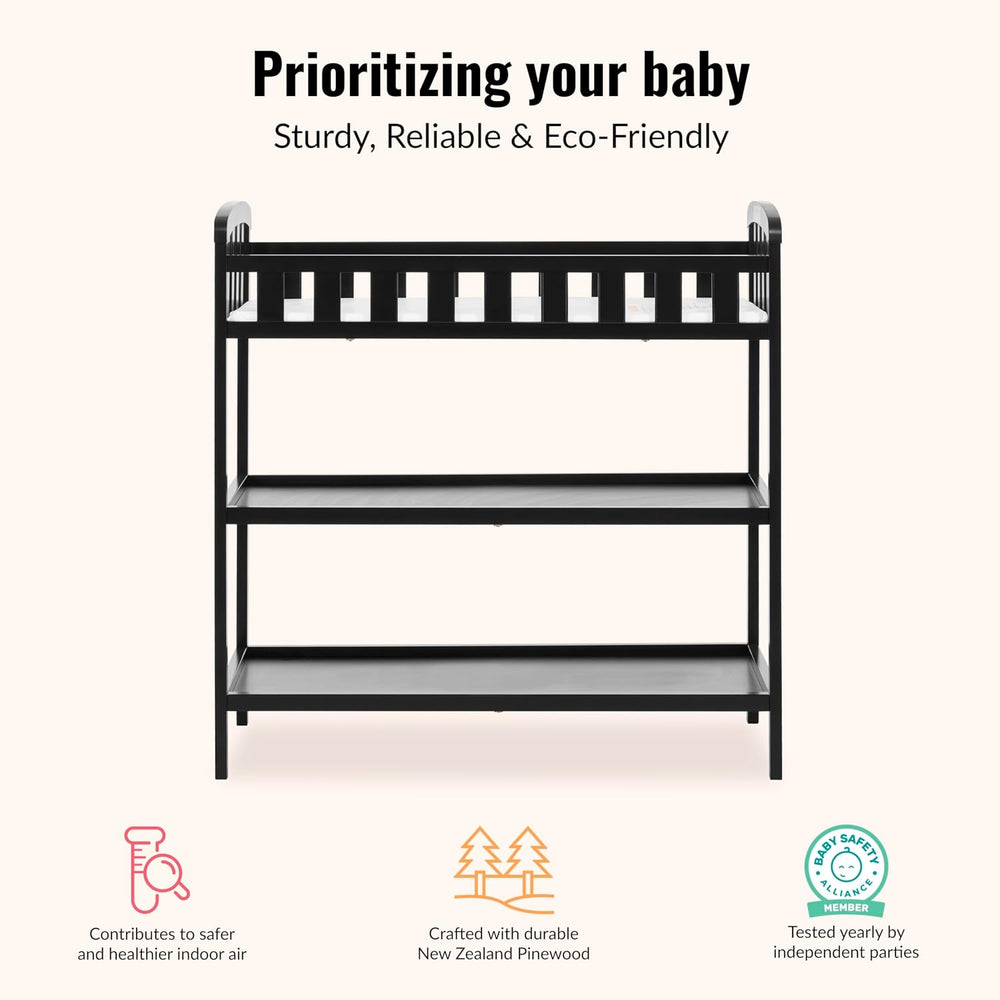 Dream On Me Emily Changing Table with Two Storage Shelves, Black