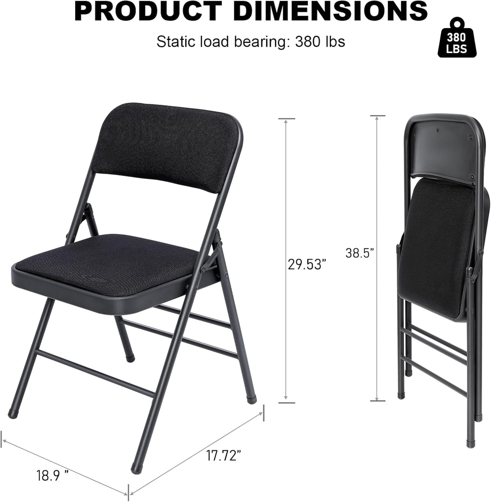 4 Pack Padded Folding Chairs with Fabric Cushion and Back, Charcoal Black