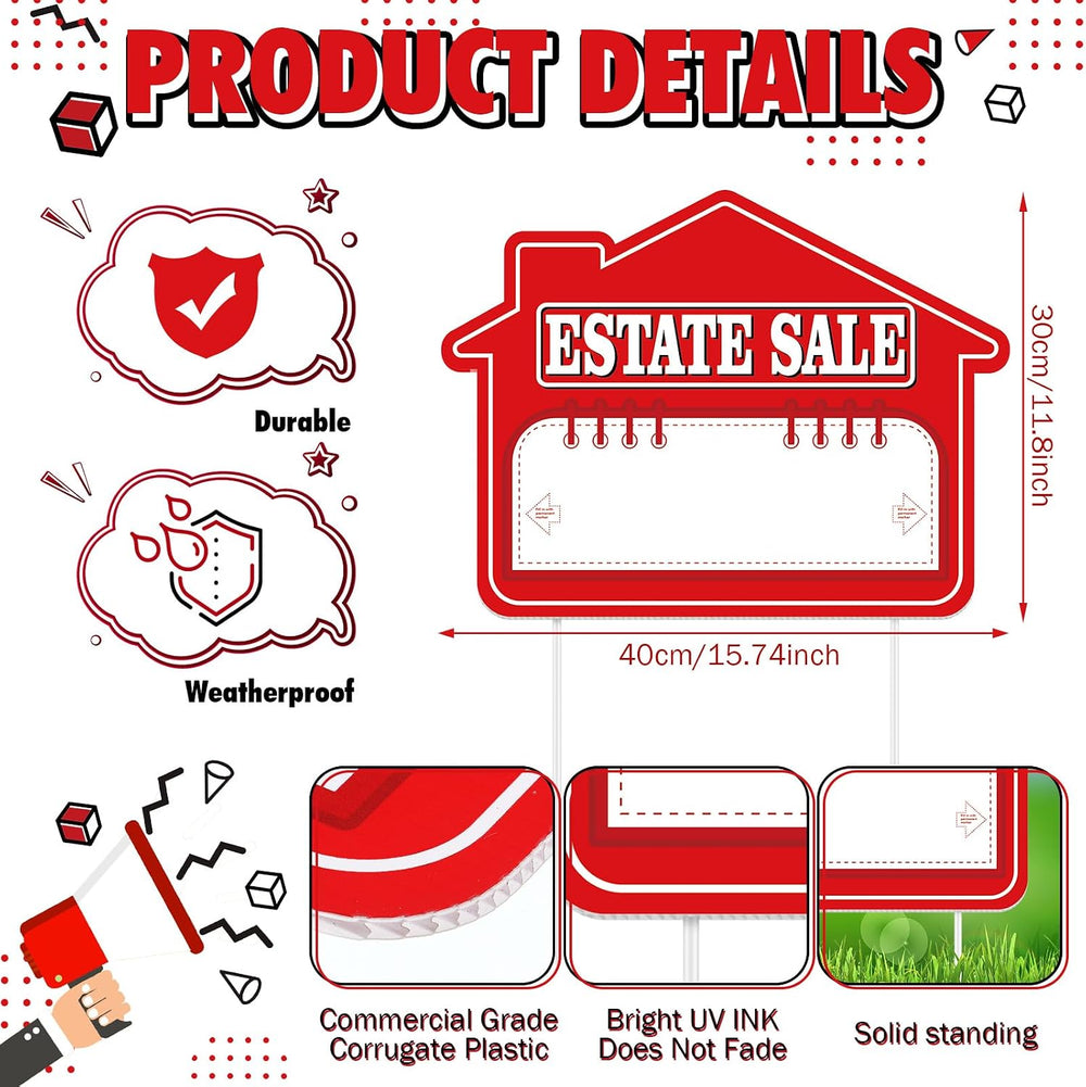 12 Pack Estate Sale Signs with Stakes 16'' x 12'' High Visibi...