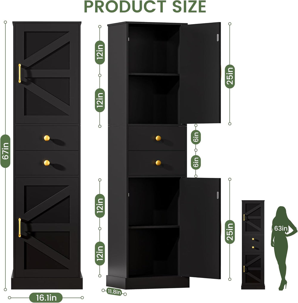 Tall Bathroom Storage Cabinet with 2 Drawers, Farmhouse Narrow Storage Cabine...