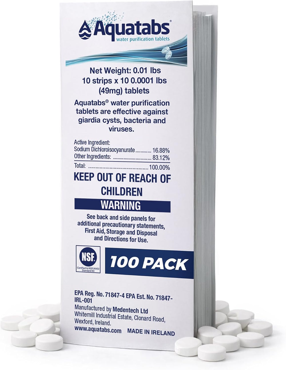 Aquatabs 49mg Water Purification Tablets (100 Pack). Water Filtration System ...
